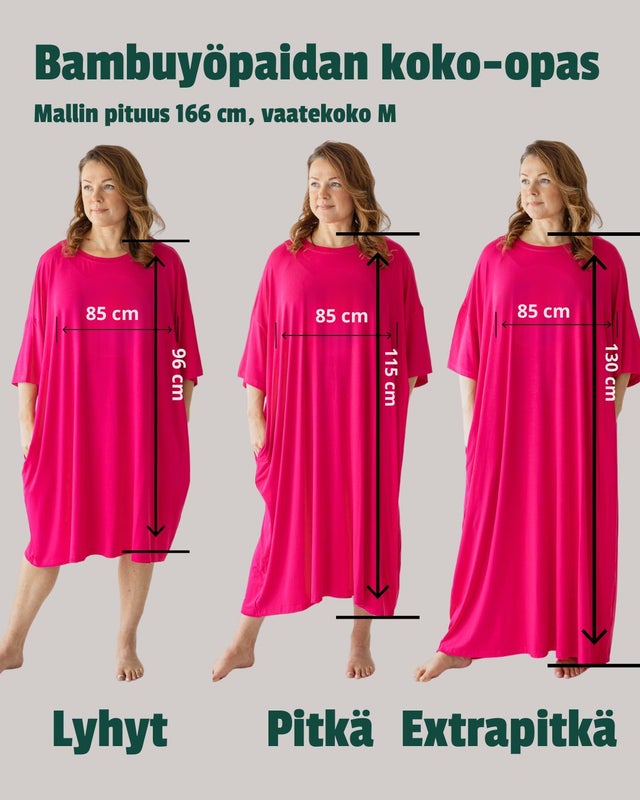 Bambuy&ouml;paitojen koko-opas. 166 cm pitk&auml;ll&auml;, lyhyen helma polvien alle, pitk&auml; s&auml;&auml;ren puoliv&auml;liin.